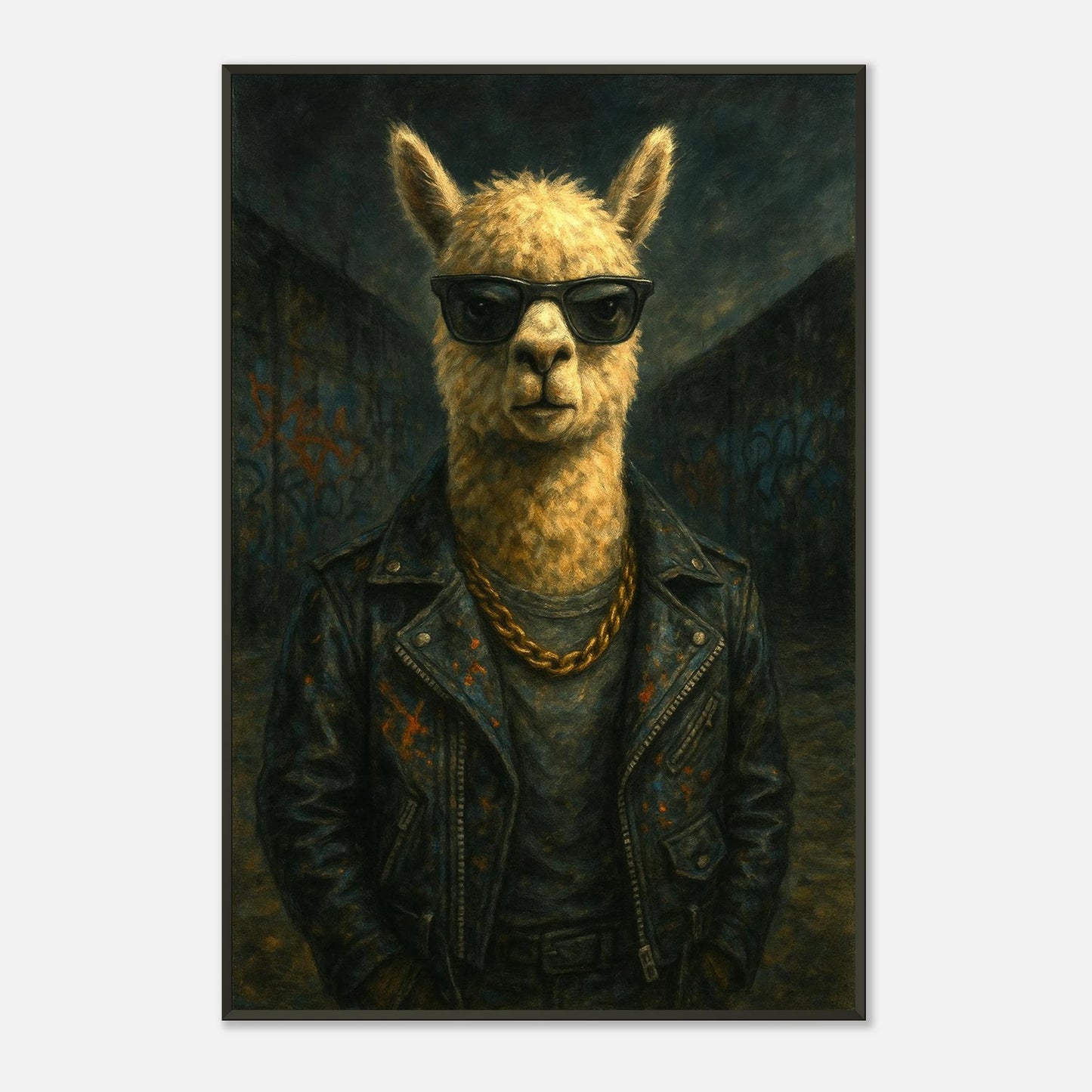 Wooden framed wall art depicting an anthropomorphic alpaca wearing sunglasses and a leather jacket in an urban setting