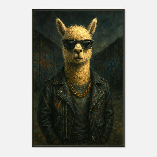 Wooden framed wall art depicting an anthropomorphic alpaca wearing sunglasses and a leather jacket in an urban setting