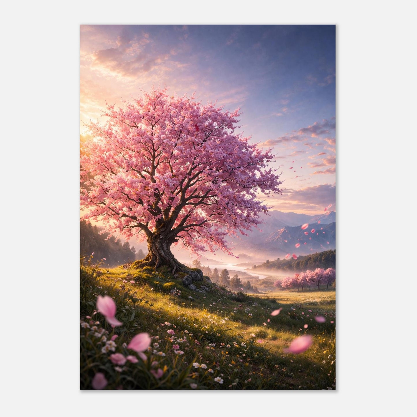 Blossom Valley is a serene cherry blossom artwork capturing the beauty of spring and inner renewal. A luminous Nordic-inspired piece for calm, elegant interiors.