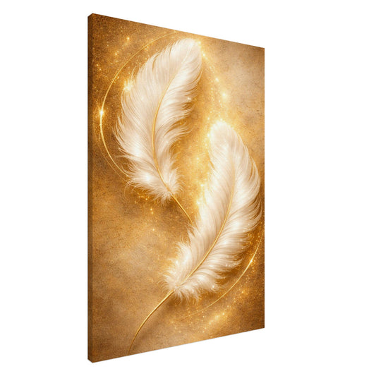 Two white luminous feathers on champagne gold background, luxury canvas wall art.