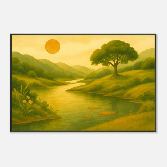 Japandi style, Wood framed nature wall art portraying a peaceful riverside scene with trees, water and soft sunlight