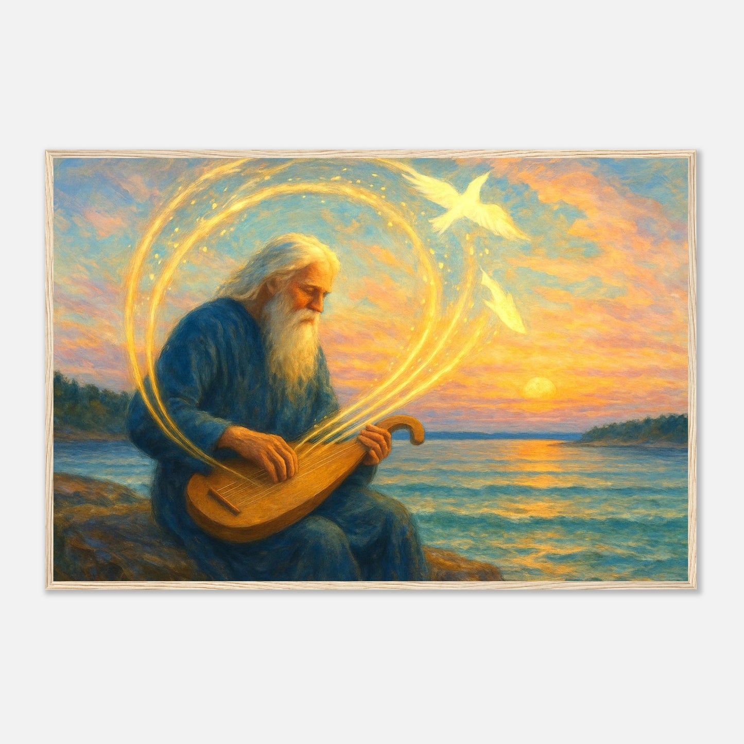 Wood framed Kalevala inspired wall art showing a bearded man playing the kantele by the shoreline at sunset