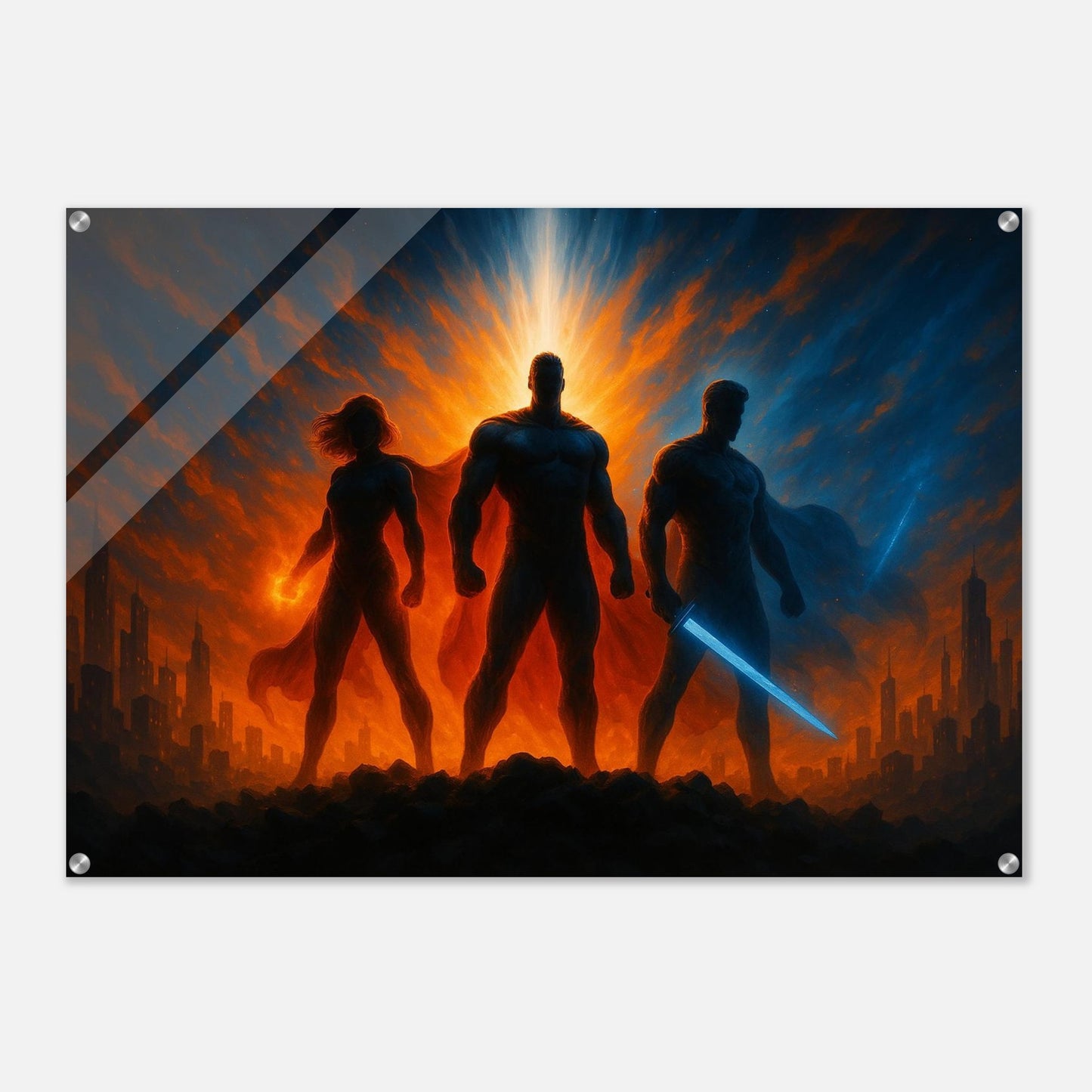 Cinematic superhero acrylic wall art featuring heroic silhouettes in a futuristic city scene