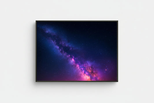 Aluminum framed wall art depicting a vibrant galaxy band stretching across a deep starry night sky