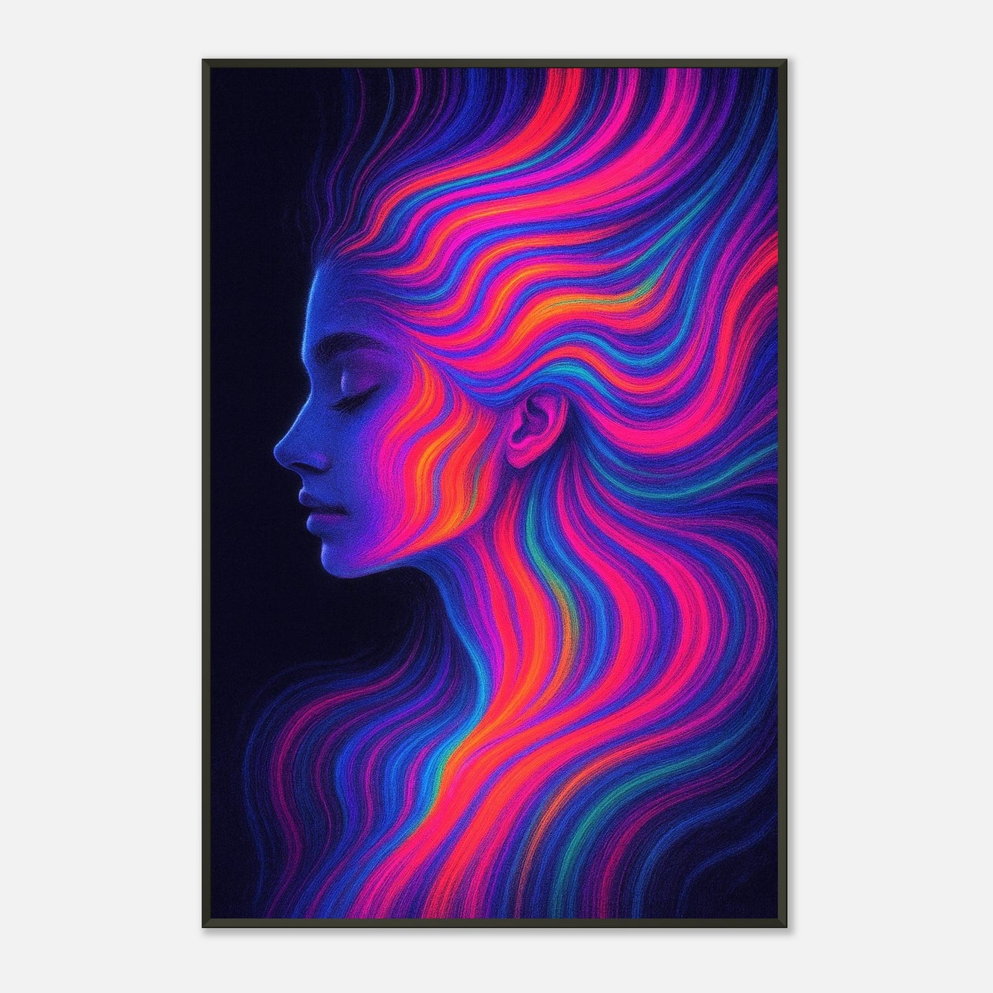 Abstract figurative aluminum framed wall art depicting a human profile formed by flowing colorful energy