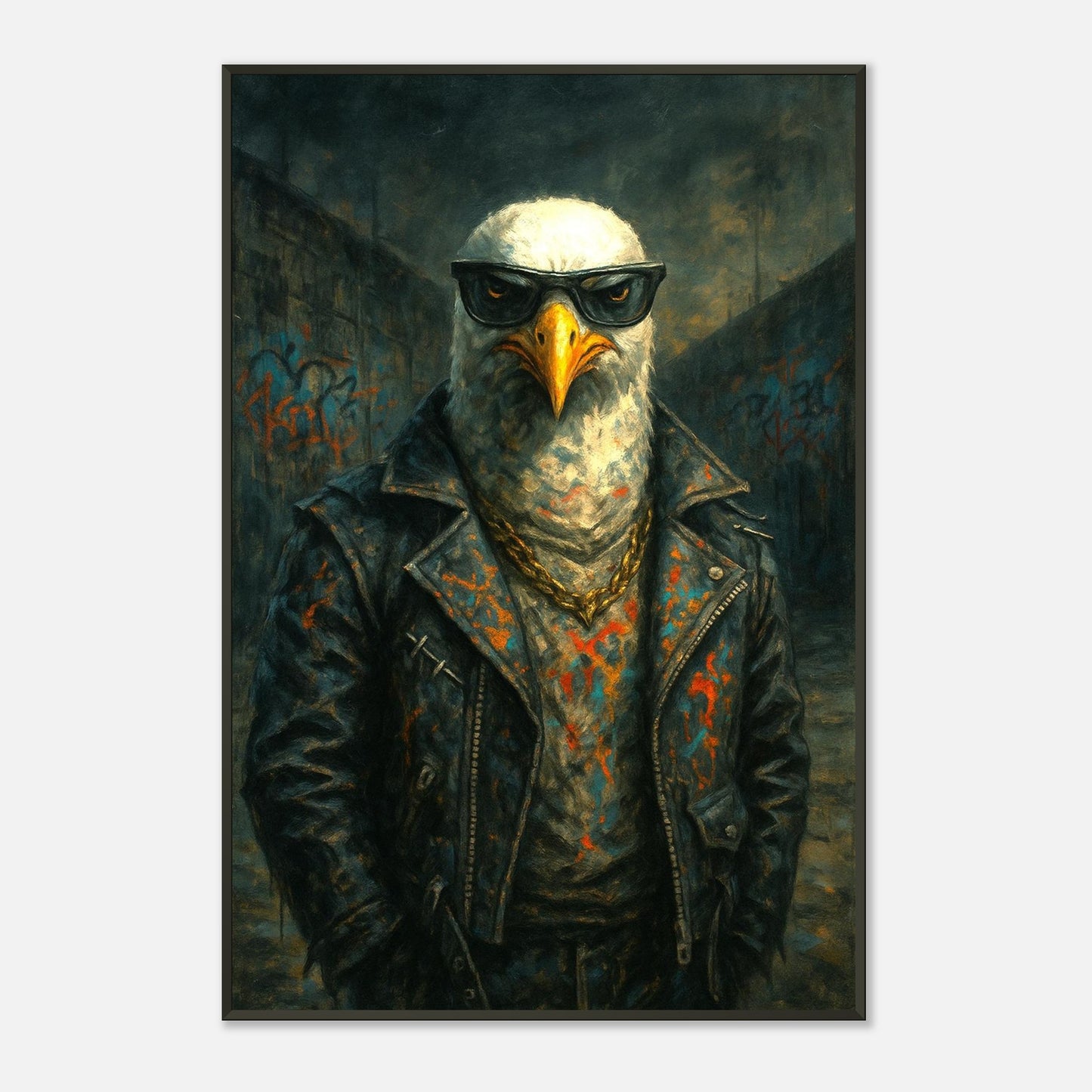 Wooden framed animal portrait wall art showing a stylized great black-backed seagull character dressed in a leather jacket