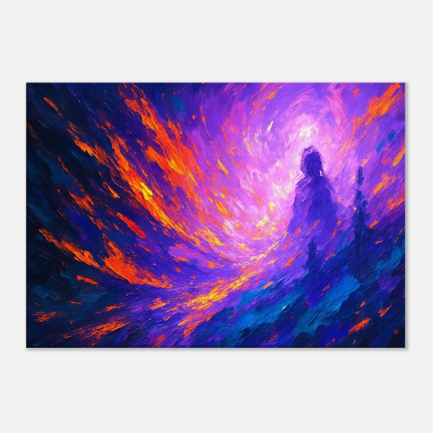 Abstract expressive wall art showing a solitary human silhouette within swirling fire and dark colors symbolizing inner struggle and resilience