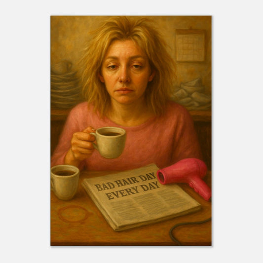 Expressive surreal portrait wall art showing a woman with coffee, newspaper and hair dryer in a muted interior