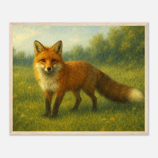 Wooden framed animal wall art portraying a red fox in a peaceful countryside landscape