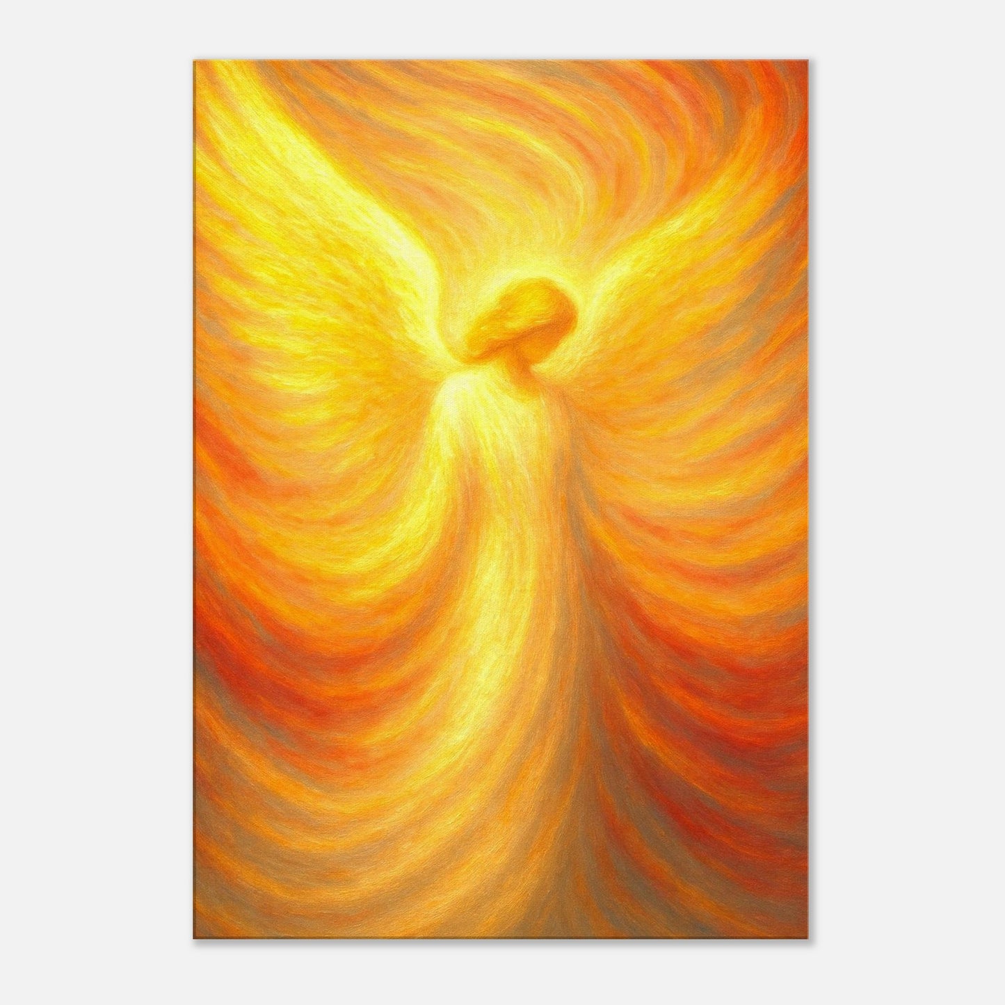 Abstract spiritual wall art depicting an angelic form surrounded by flowing golden light