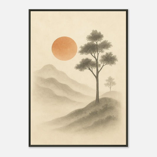 Wood framed nature wall art portraying a serene minimalist scene with a single tree and muted tones