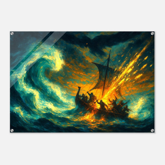 Acrylic wall art showing a stormy sea battle with ships and waves inspired by the Kalevala and the Sampo