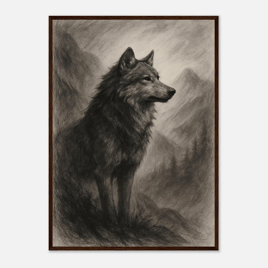 Charcoal wood framed wildlife wall art portraying a wolf in a moody mountainous wilderness
