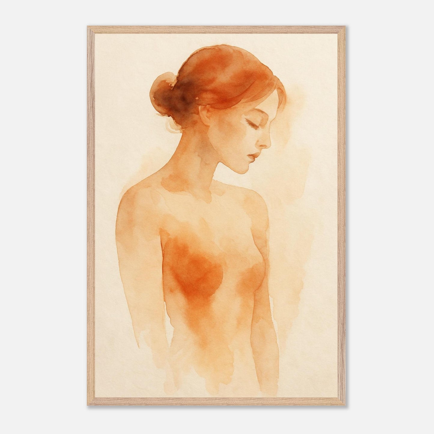 Wooden framed figurative wall art depicting a delicate female figure painted in soft watercolor tones