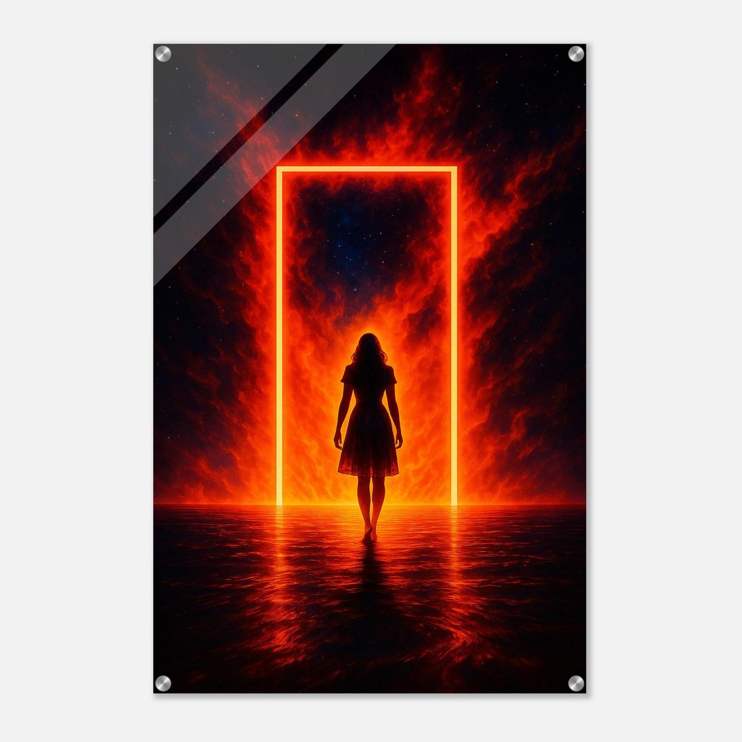 Acrylic wall art depicting a female silhouette walking toward a glowing fiery doorway in a dark space