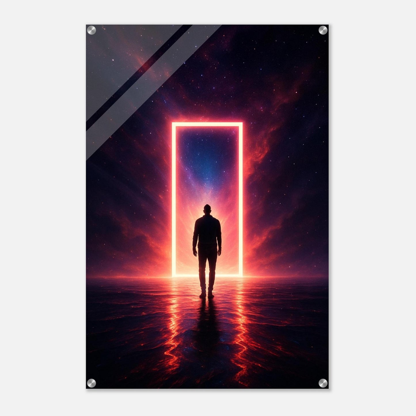 Acrylic wall art showing a man facing a luminous fire portal in a dramatic abstract environment