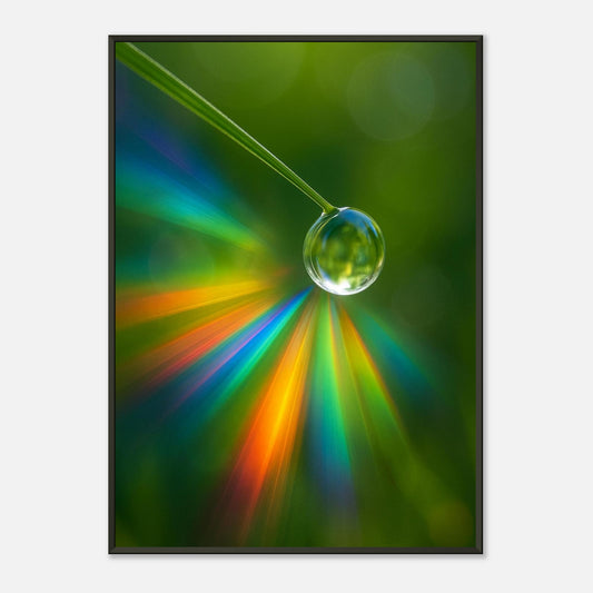 Abstract prism light wall art depicting a droplet refracting rainbow light in a soft green setting