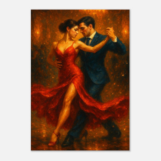 Romantic dance wall art showing a couple performing tango with flowing red dress and dramatic movement
