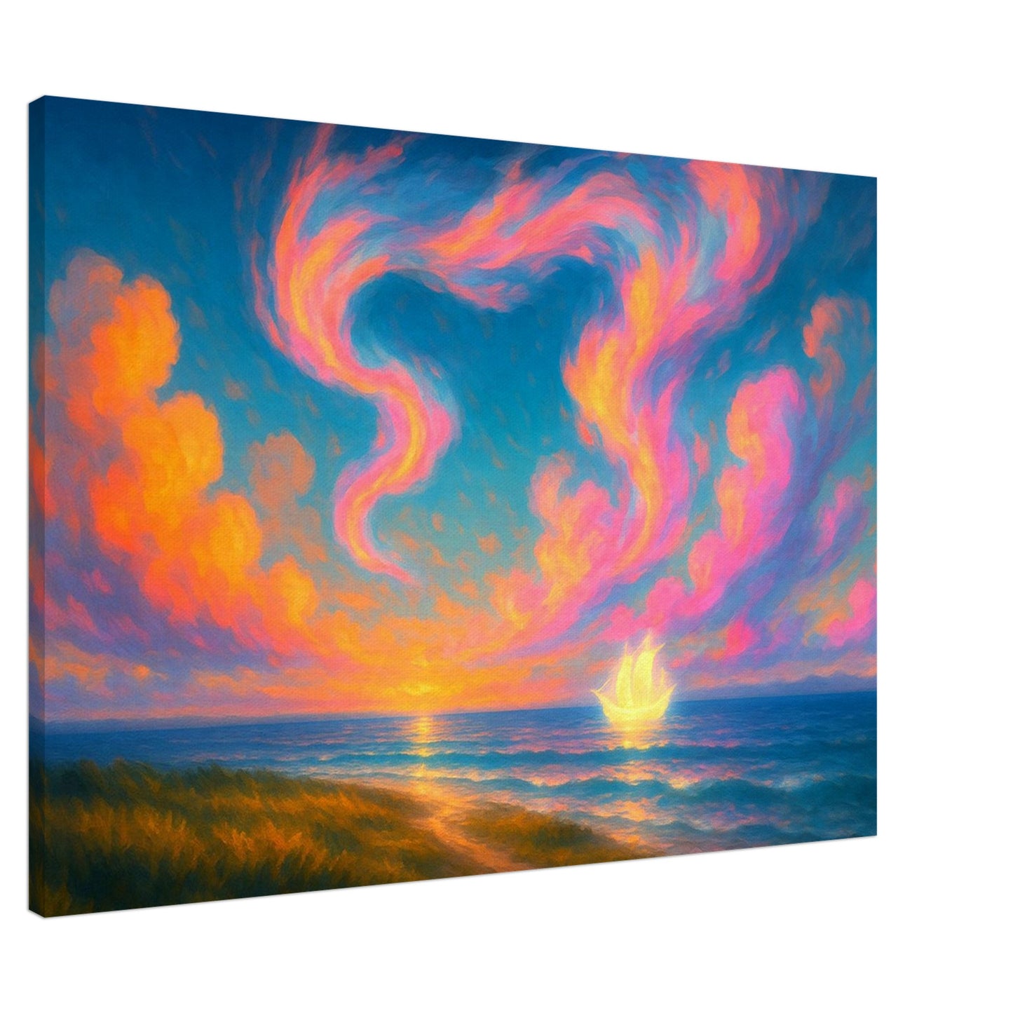 Abstract seascape canvas wall art showing a glowing heart-shaped sky above the ocean at sunset
