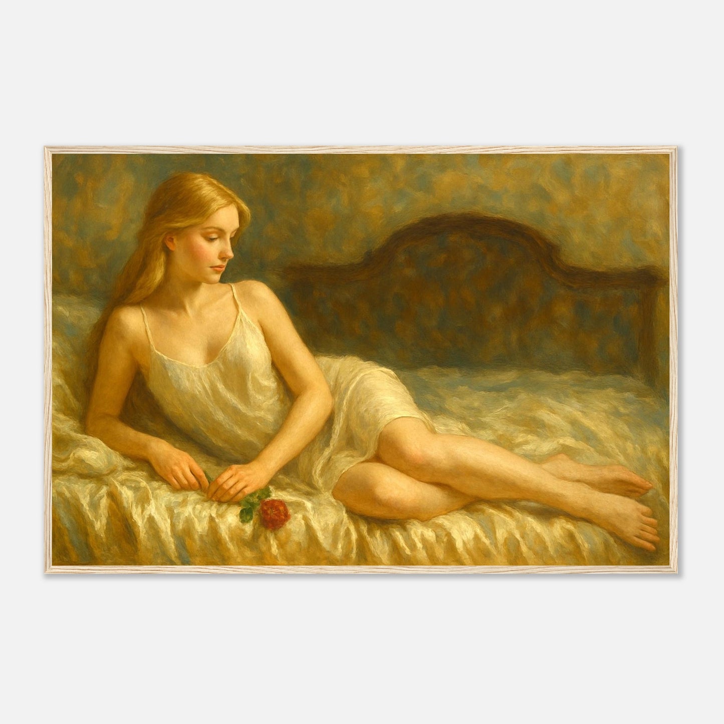 Elegant figurative wooden framed wall art portraying a woman in a calm intimate bedroom scene