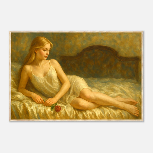Elegant figurative wooden framed wall art portraying a woman in a calm intimate bedroom scene