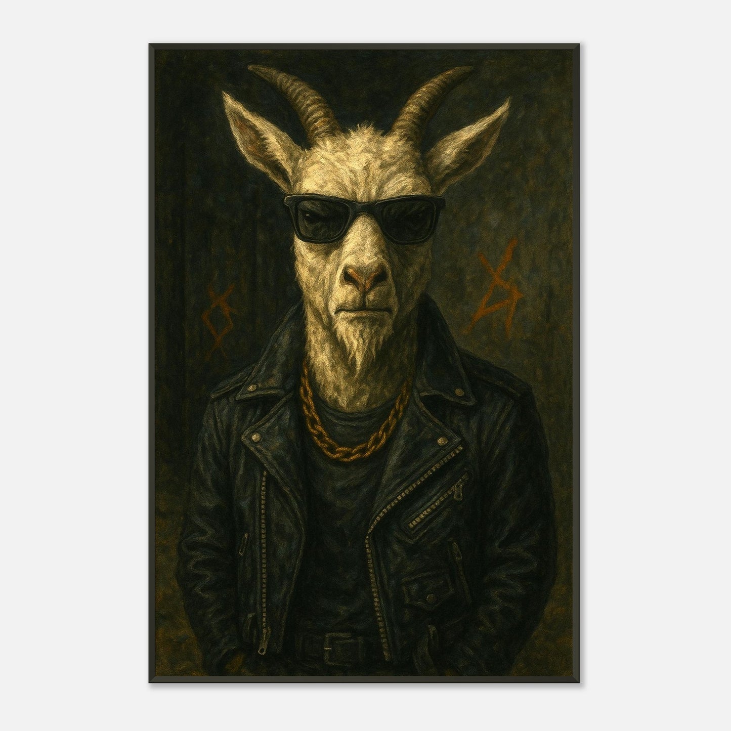 Aluminum framed animal portrait wall art showing a stylized goat character dressed in a leather jacket