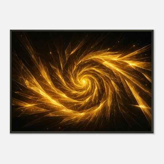Abstract cosmic aluminum framed wall art showing a luminous golden spiral resembling a sun vortex