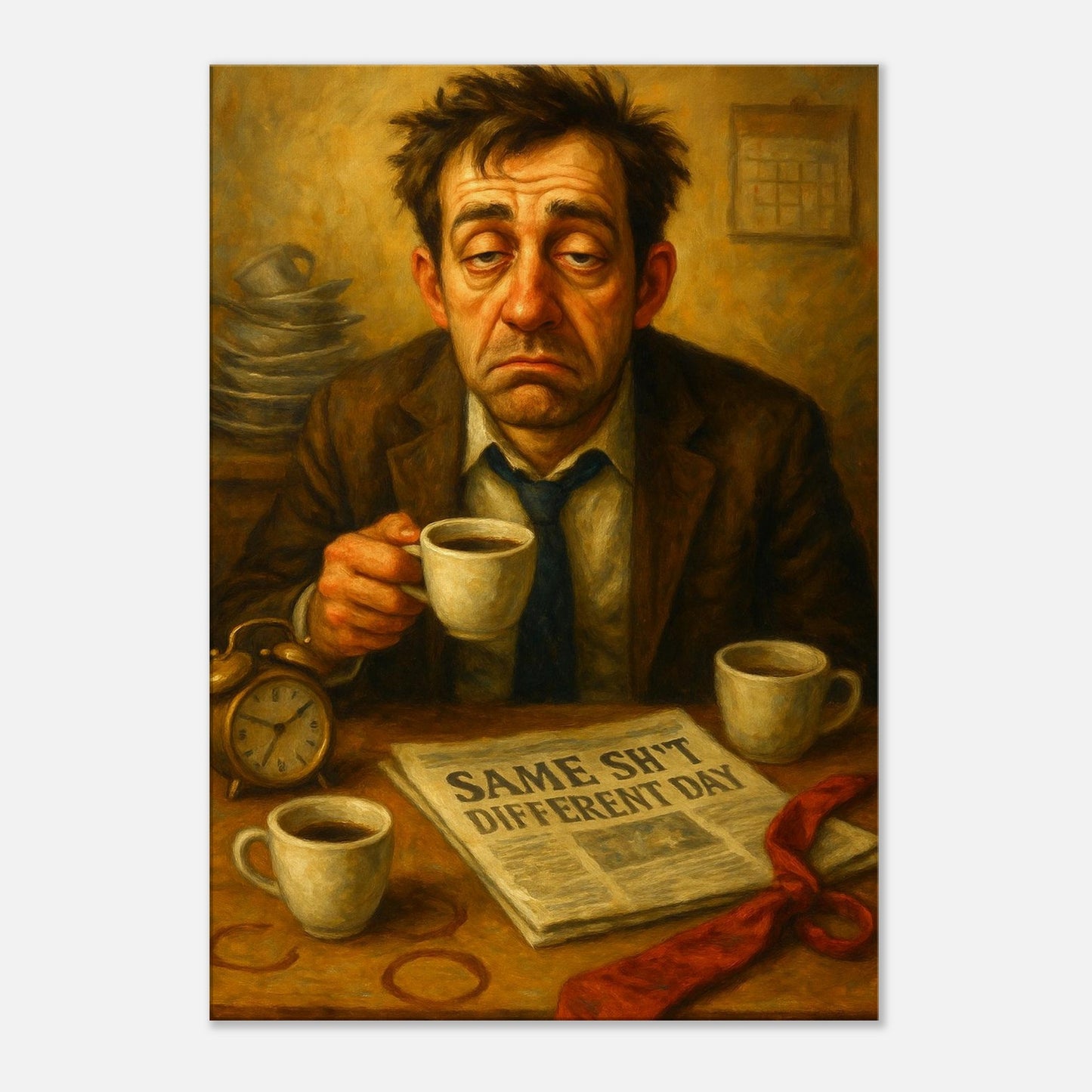 Surreal portrait wall art depicting a tired man holding a coffee cup with newspaper and clock on a table