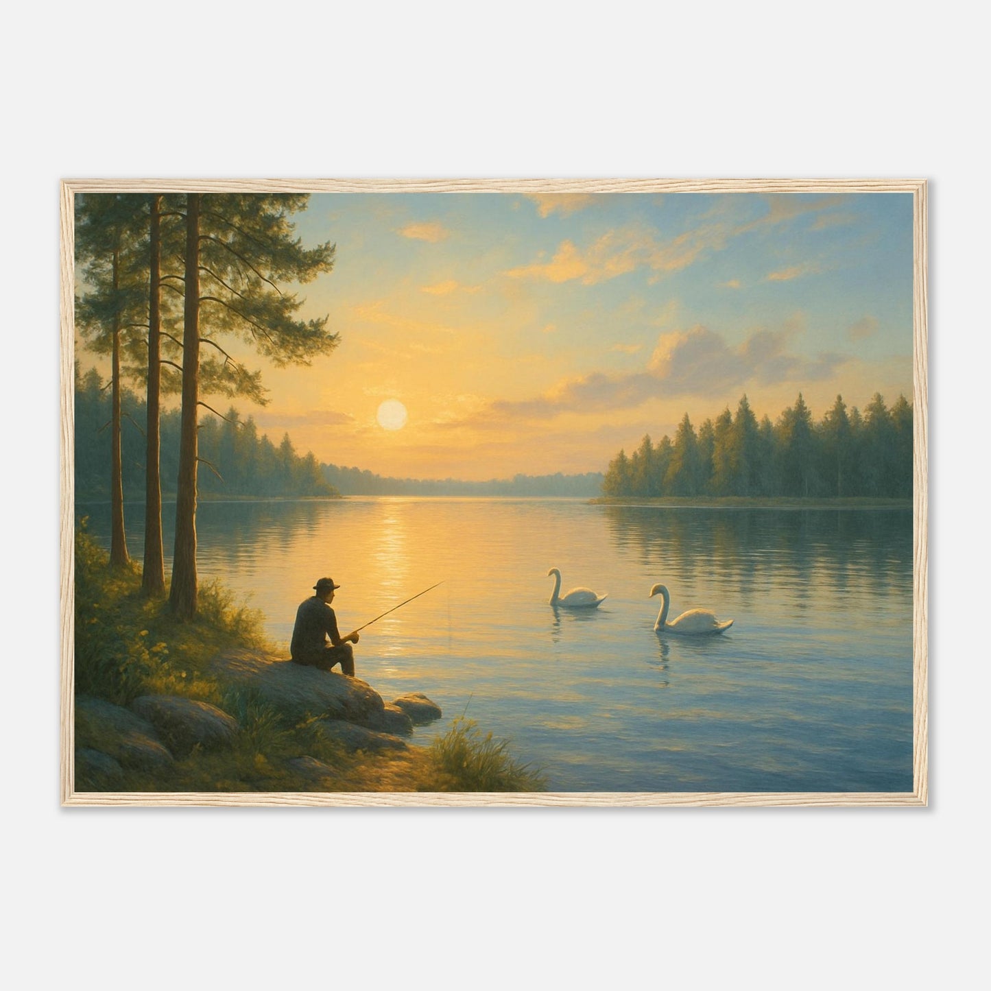Wooden framed landscape wall art portraying a serene lakeside scene with forest, water and evening light. Swans and fishing.