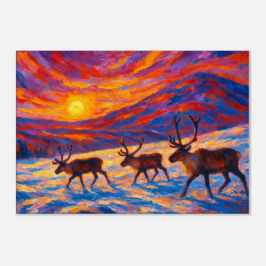 Ethereal reindeer wall art canvas for modern Scandinavian living room inspired by Nordic nature