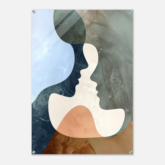 Abstract human face acrylic wall art with organic water and earth elements for modern Scandinavian interior
